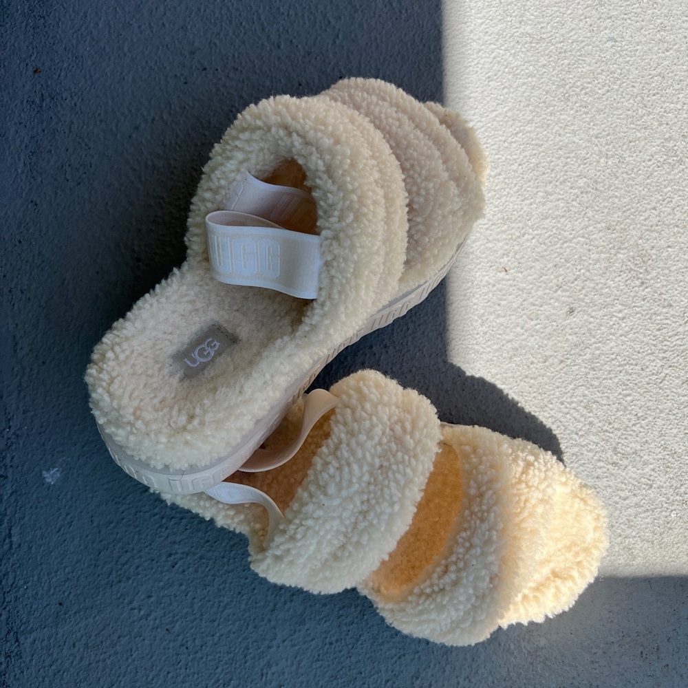Worn once in house, UGG platform slippers, size 8, cream color, back strap